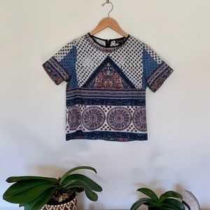 Topshop Aztec Patterned Silky Short Sleeve Top